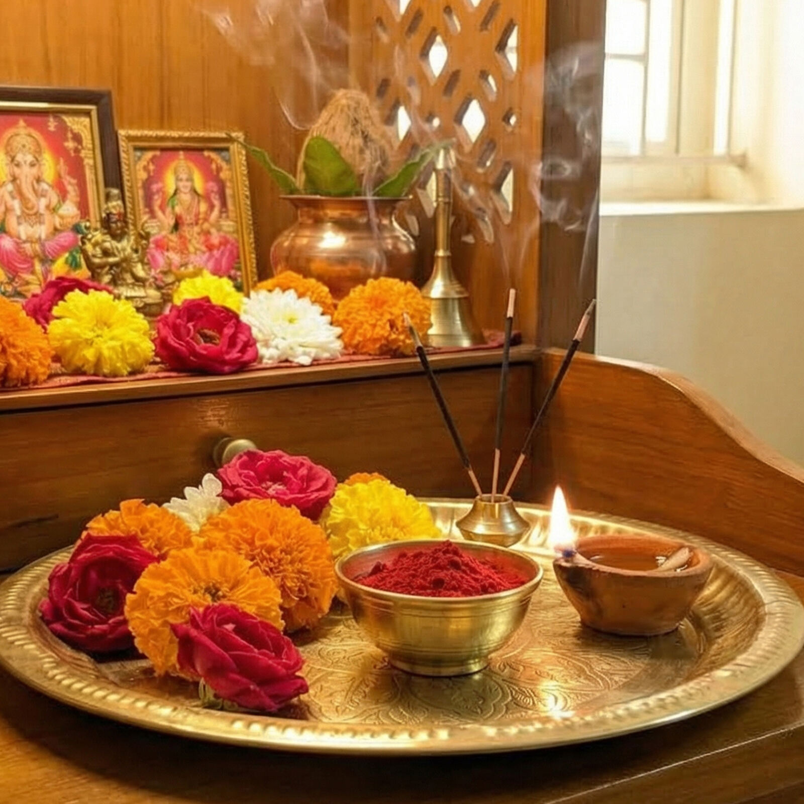 Brass bowl in pooja room